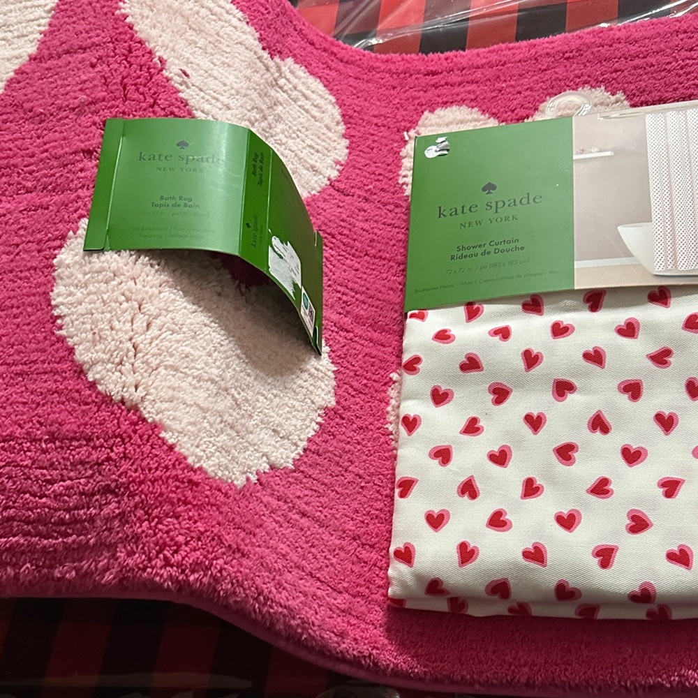 Kate Spade Red Heart Shower Curtain and Pink Bath Mat Set